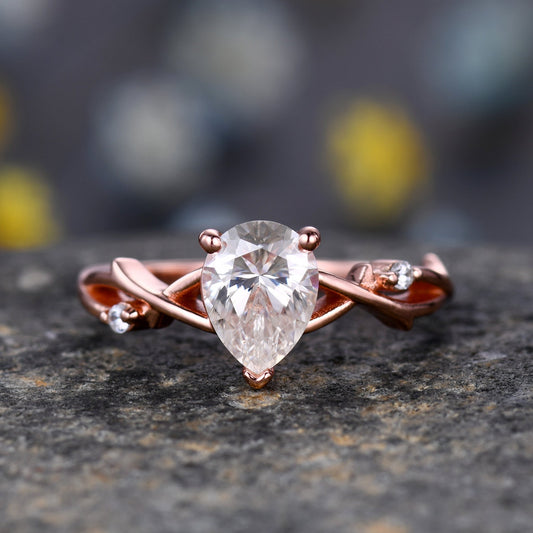 1.25CT Pear Moissanite Wedding Ring,Dainty Moissanite Engagement Ring,Teardrop Moissanite Ring,Vintage Twig Diamond Ring,Leaf Vine Ring Gift