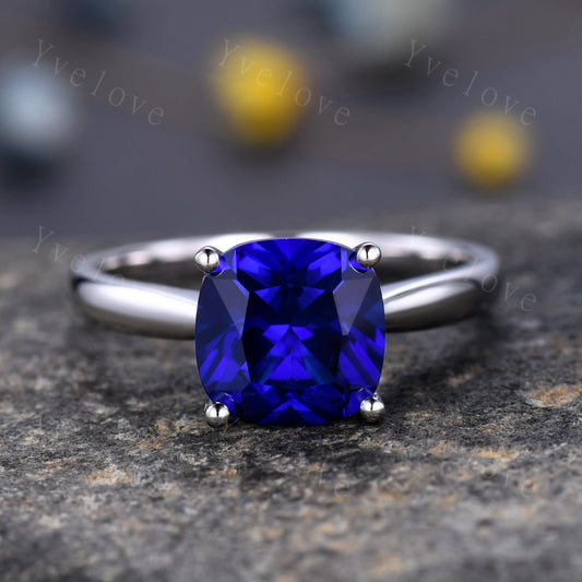 9mm cushion cut Sapphire engagement ring lab created blue sapphire plain gold band solid 14k white gold anniversary ring custom jewelry