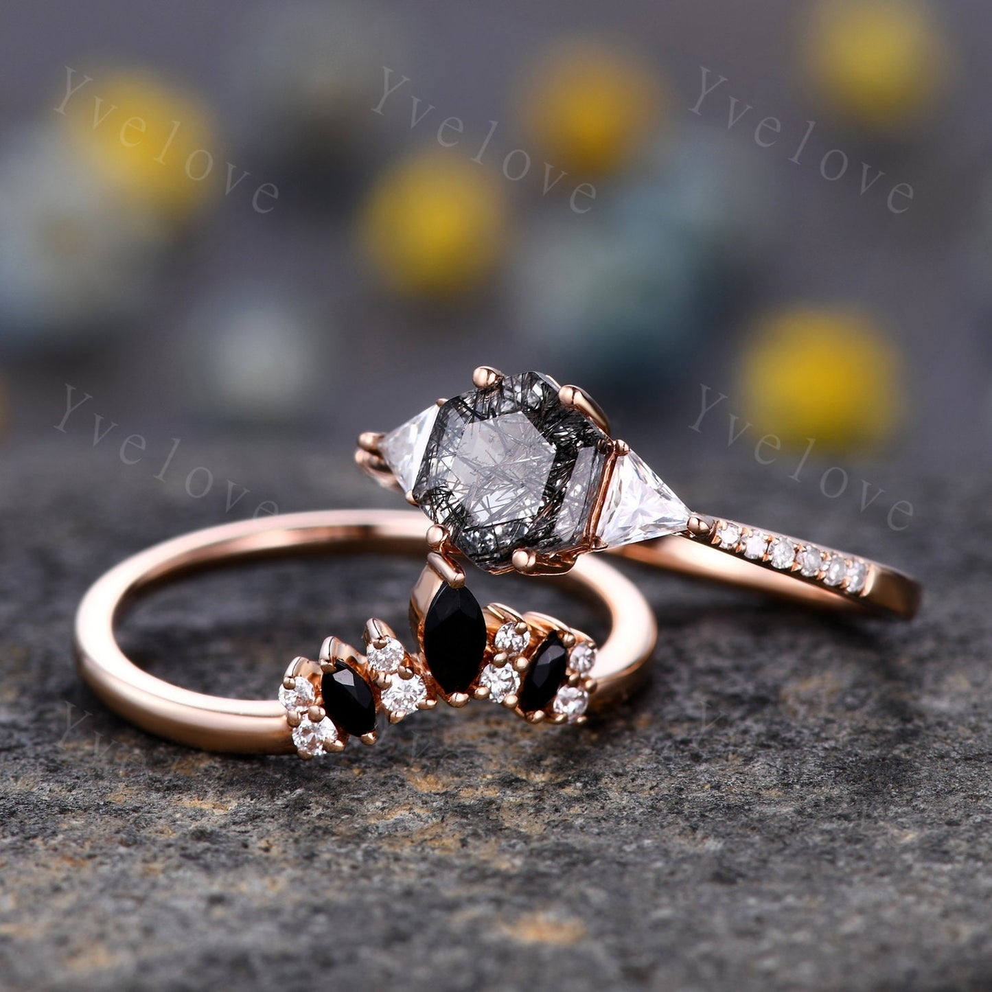 Hexagon Cut Black Rutilated Quartz Engagement Ring,Vingate Bridal Ring Set,Three Stone Engagement Ring,Anniversary Birthday Gift for Her