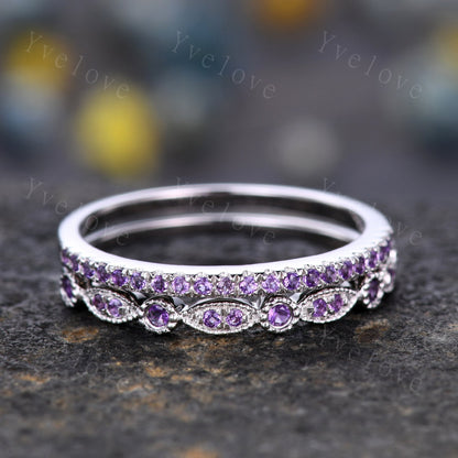 Amethyst ring art deco half eternity amethyst wedding band milgrain style unique sterling silver ring matching band natural gemstone gift
