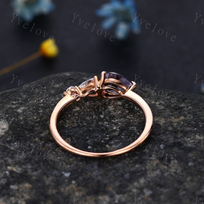 Vintage Black Opal Ring Engagement Ring,Pear Cut Gems,Art Deco Moissanite Wedding Band,3 Stone Unique Women Bridal Promise Ring,Rose gold