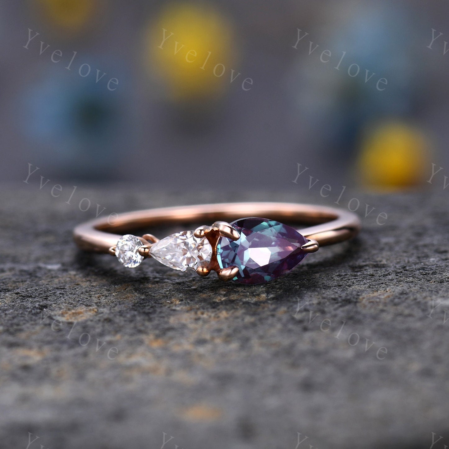 Vintage Yellow Citrine Engagement Ring,Pear Cut Gems,Art Deco Moissanite Wedding Band,3 Stone Unique Women Bridal Promise Ring,14k Rose gold
