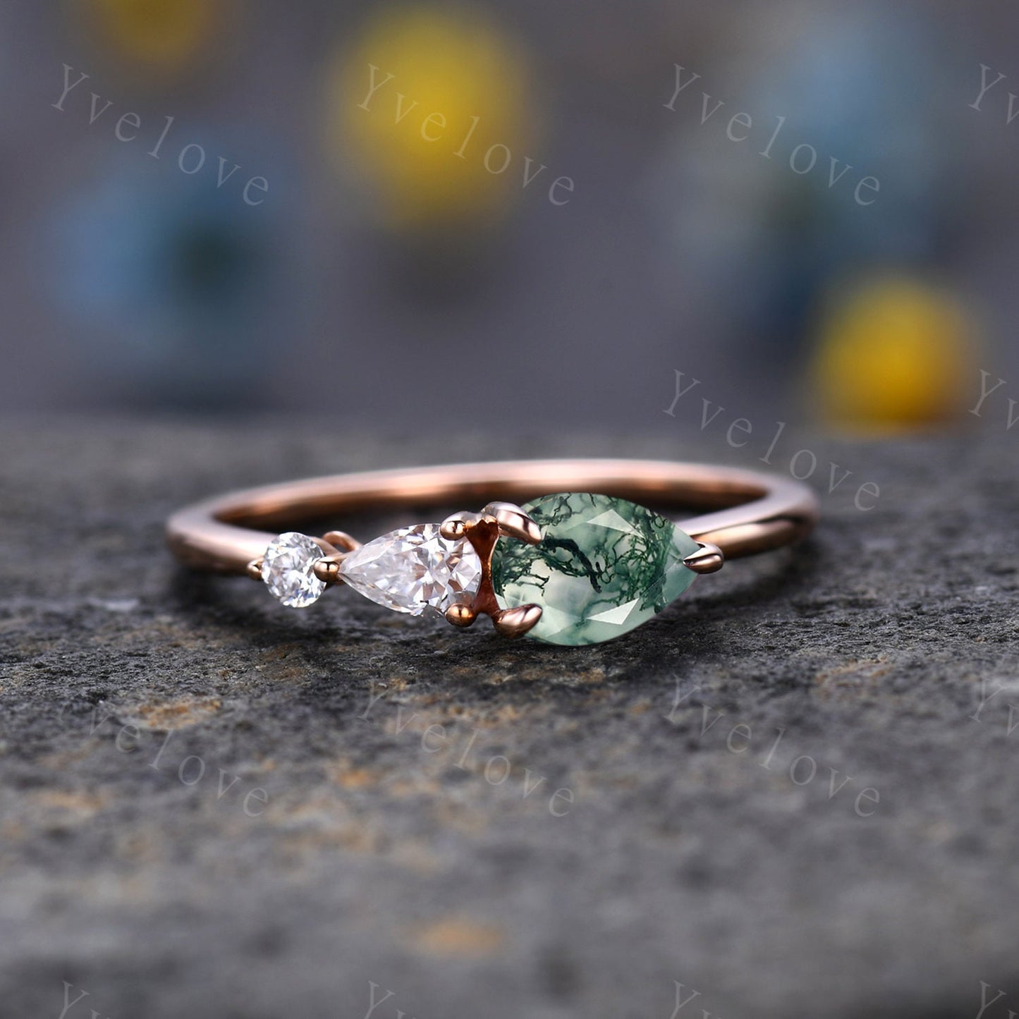 Vintage Moss Agate Ring Engagement Ring,Pear Cut Gems,Art Deco Moissanite Wedding Band,3 Stone Unique Women Bridal Promise Ring,Rose gold