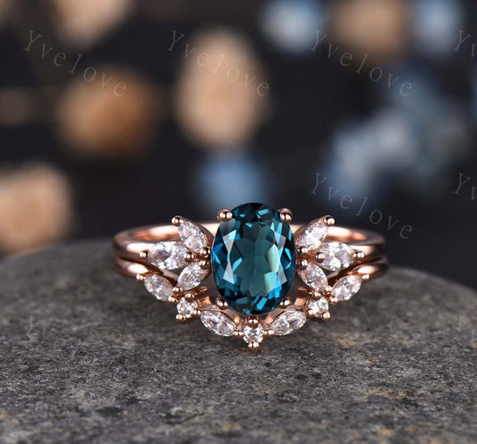London Blue Topaz Engagement Ring Set Art Deco Ring Women Stacking Diamond/Moissanite Matching Band Unique Vintage Floral Jewelry 14K Gold