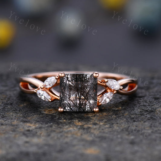 Vintage Black Rutilated Quartz Engagement Ring Princess Cut Black Gemstone Ring Twisting Split Shank Vine Moissanite Ring Bridal Ring Gift