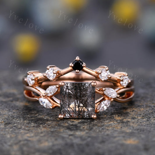 Vintage Black Rutilated Quartz Engagement Ring Set Princess Cut Black Gemstone Ring Set Split Band Vine Moissanite Ring Bridal Ring Gift