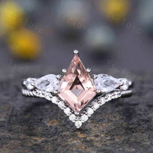 Unique Kite Cut Morganite Engagement Ring Set,Morganite Bridal Ring Set,Pear Moissanite,Twist Wedding Band,White Gold,Birthday Gift For Her