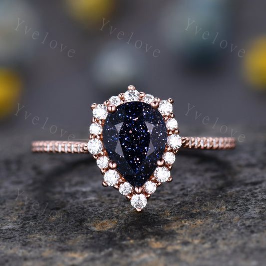 Teardrop Blue sandstone Engagement Ring,Vintage Sandtone Ring,Diamond Wedding Band,14K Rose gold,Matching Band,Anniversary Promise Ring Gift
