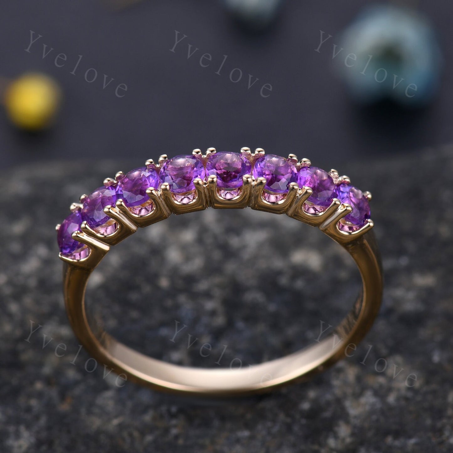 Amethyst ring 3mm round cut amethyst wedding band half eternity ring 14k rose gold matching band prongs set natural gemstone February Ring