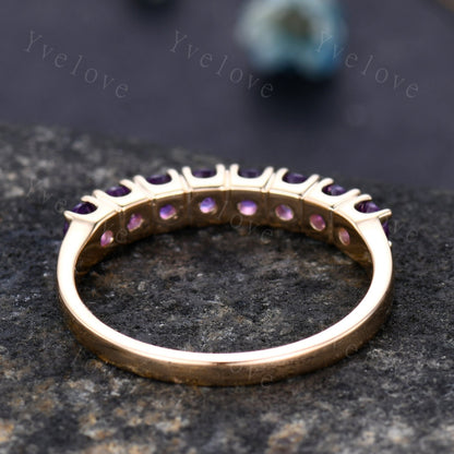 Amethyst ring 3mm round cut amethyst wedding band half eternity ring 14k rose gold matching band prongs set natural gemstone February Ring