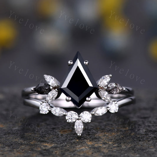 Kite Cut Black Onyx Engagement Ring,Black Diamond Ring Set,Sterling Silver Ring Set,Women Promise Ring,Anniversary Birthday Gift For Her