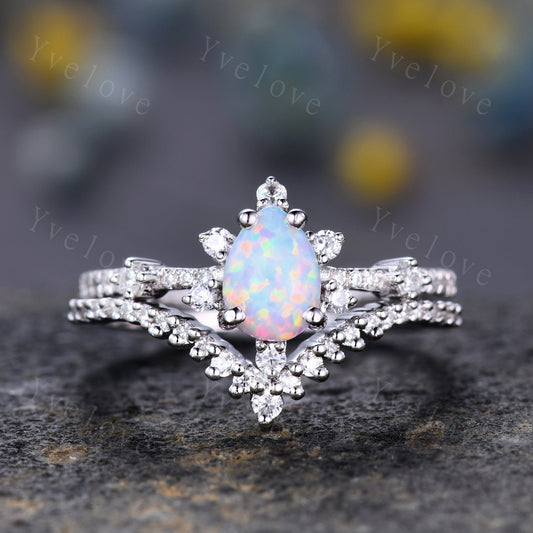 Pear Opal Ring White Fire Opal,Engagement Ring Set,Pear Opal Bridal Set ,Moissanite Half Eternity Band,White Gold,Opal October Birthstone
