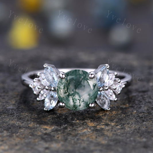 7mm Round Cut Natural Moss Agate Engagement Ring For Women,Unique Green Gems,Marquise Blue Aquamarine,Healing Gemstone Ring,14K White gold