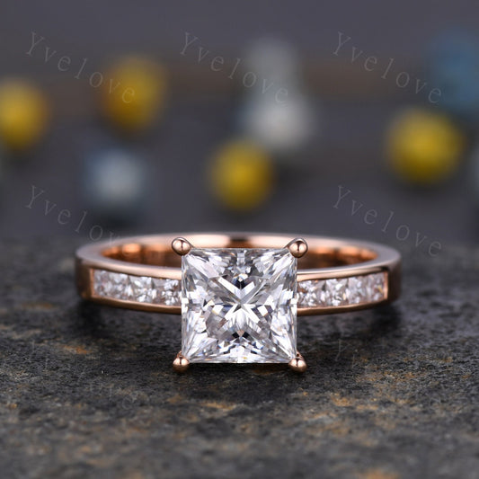 7mm Princess Cut Moissanite Engagement Ring,2CT Moissanite,Women Rose Gold Stacking Ring,Channel Set Promise Bridal Ring Gift,Custom Ring