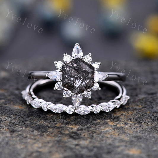 Retro Hexagon Cut Black Rutilated Quartz Engagement Ring,Vingate Moissanite Band,Silver,Women Matching Wedding Ring Set Promise Ring Gift