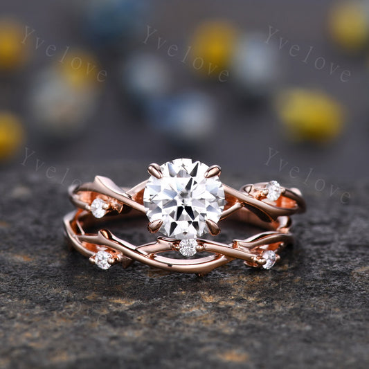 1.2ct Vintage Moissanite Engagement Ring Set,Twisted Ring Set,Leaf and Vines Moissanite Bridal Set,Branch Ring,Danity Twig Diamond Ring Set