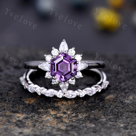 Natural Amethyst Engagement Ring Set,Vingate Moissanite Band,White Gold Ring,Women Stacking Matching Wedding Band Promise Ring Gift For Her