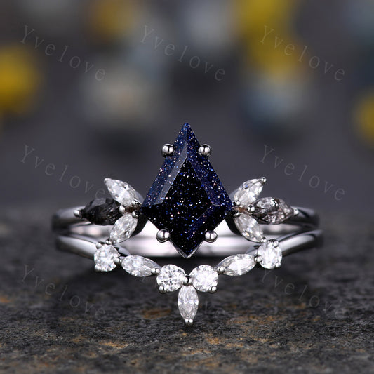 Vintage Kite shaped Sandstone Engagement Ring Set,Unique Bridal Ring Set,Marquise Black Rutilated Quartz,White Gold Galaxy Anniversary Ring