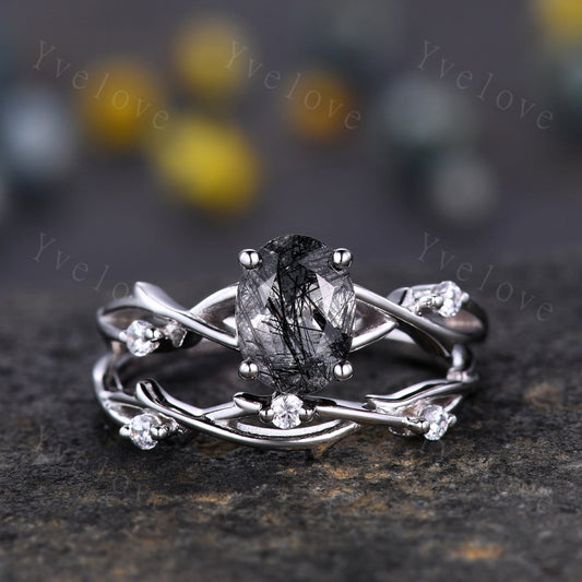 Twig Black Rutilated Quartz Engagement Ring Set,Oval Vintage Leaf Diamond Ring,Branch Ring Rose Gold,Twisted Ring Women Promise Bridal Set