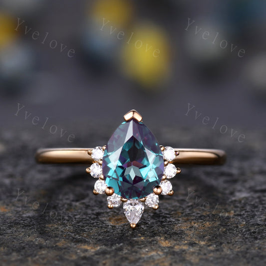 Vintage Pear Shaped Alexandrite Engagement Ring,Rose Gold Ring Art Deco Moissanite Ring Diamond Wedding Ring Unique Anniversary Ring Gift
