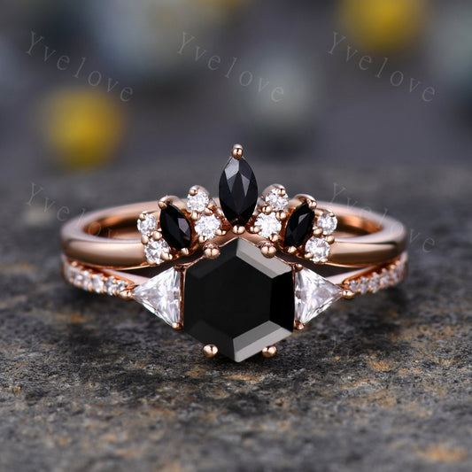 Hexagon Cut Black Onyx Engagement Ring,Vingate Bridal Ring Set,Three Stone Engagement Ring,Women Anniversary Birthday Gift for Her
