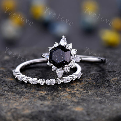 Vintage Sandstone Engagement Ring Set,Retro Moissanite Band,White Gold Ring,Women Stacking Matching Wedding Band Promise Ring Gift For Her