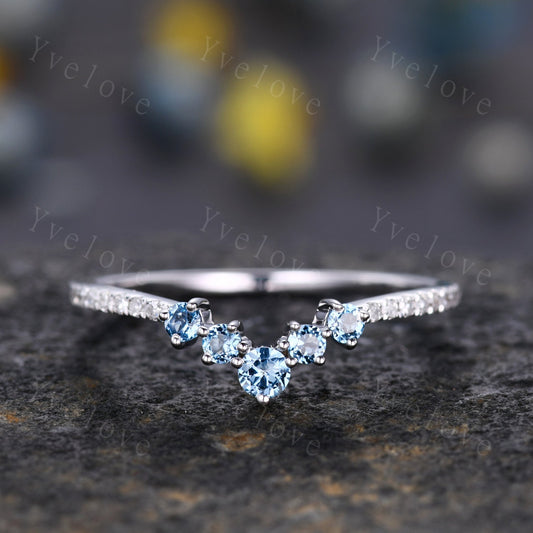 V shape topaz diamond wedding band curved stacking matching band London blue topaz half eternity ring solid 14k White gold promise bridal