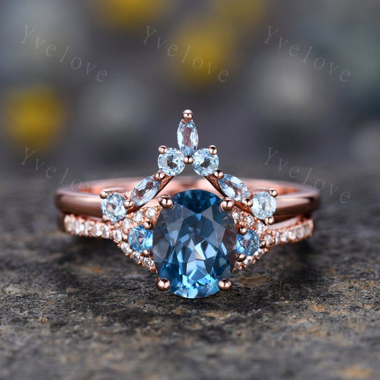 London Blue Topaz Engagement Ring Set,Women Rose Gold Ring,Oval Cut Bridal Set,Art Deco Stacking Band Unique Curved Wedding Band, Handmade