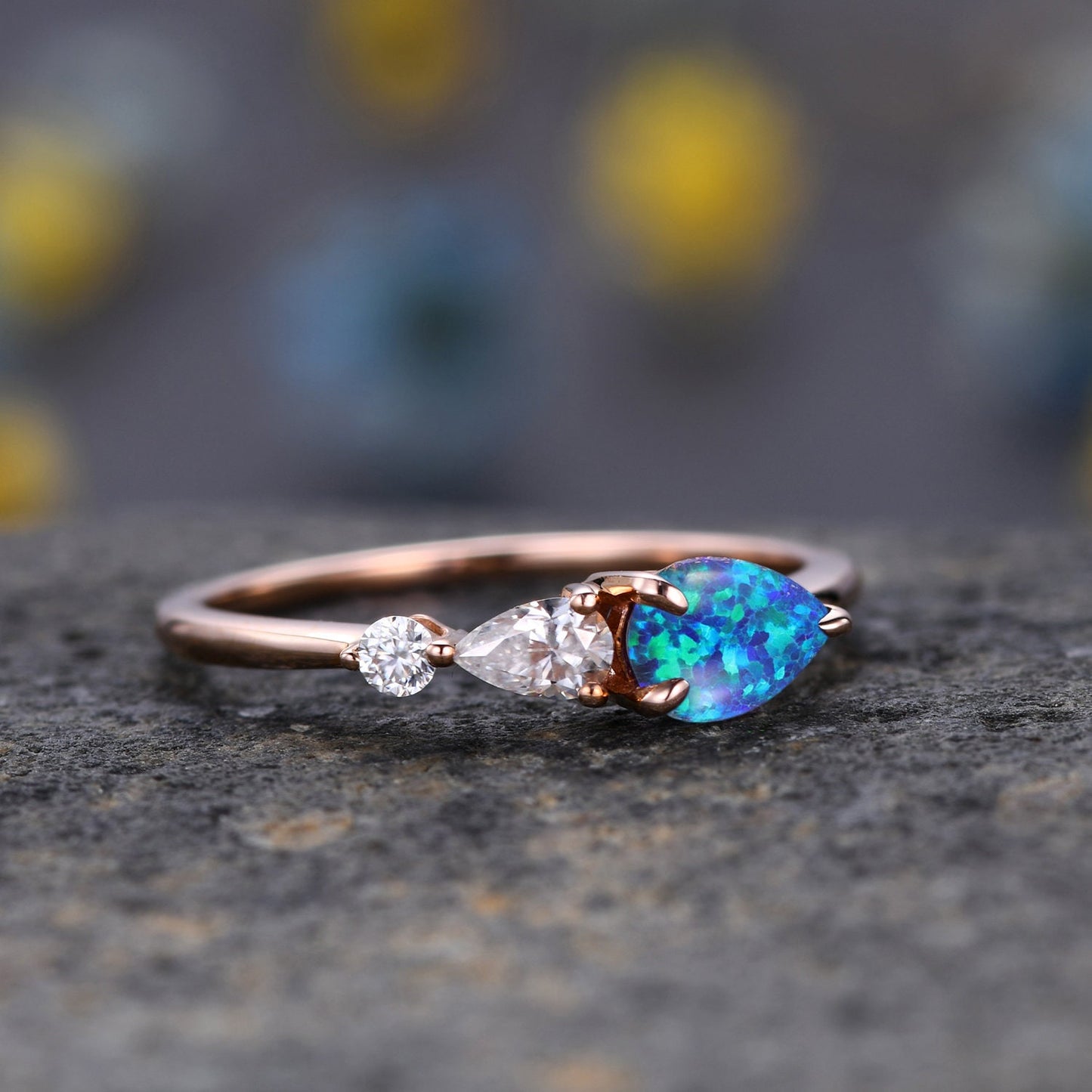 Vintage Black Opal Ring Engagement Ring,Pear Cut Gems,Art Deco Moissanite Wedding Band,3 Stone Unique Women Bridal Promise Ring,Rose gold