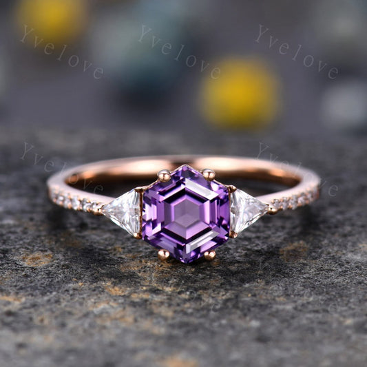 Retro Hexagon Cut Purple Amethyst Engagement Ring,Vingate Bridal Ring,925 Silver,Gothic Ring,Anniversary Wedding Ring Birthday Gift for Her