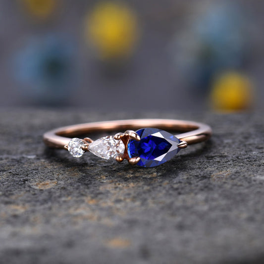 Vintage Sapphire Ring Engagement Ring,Pear Cut Gems,Art Deco Moissanite Wedding Band,3 Stone Unique Women Bridal Promise Ring,Rose Gold