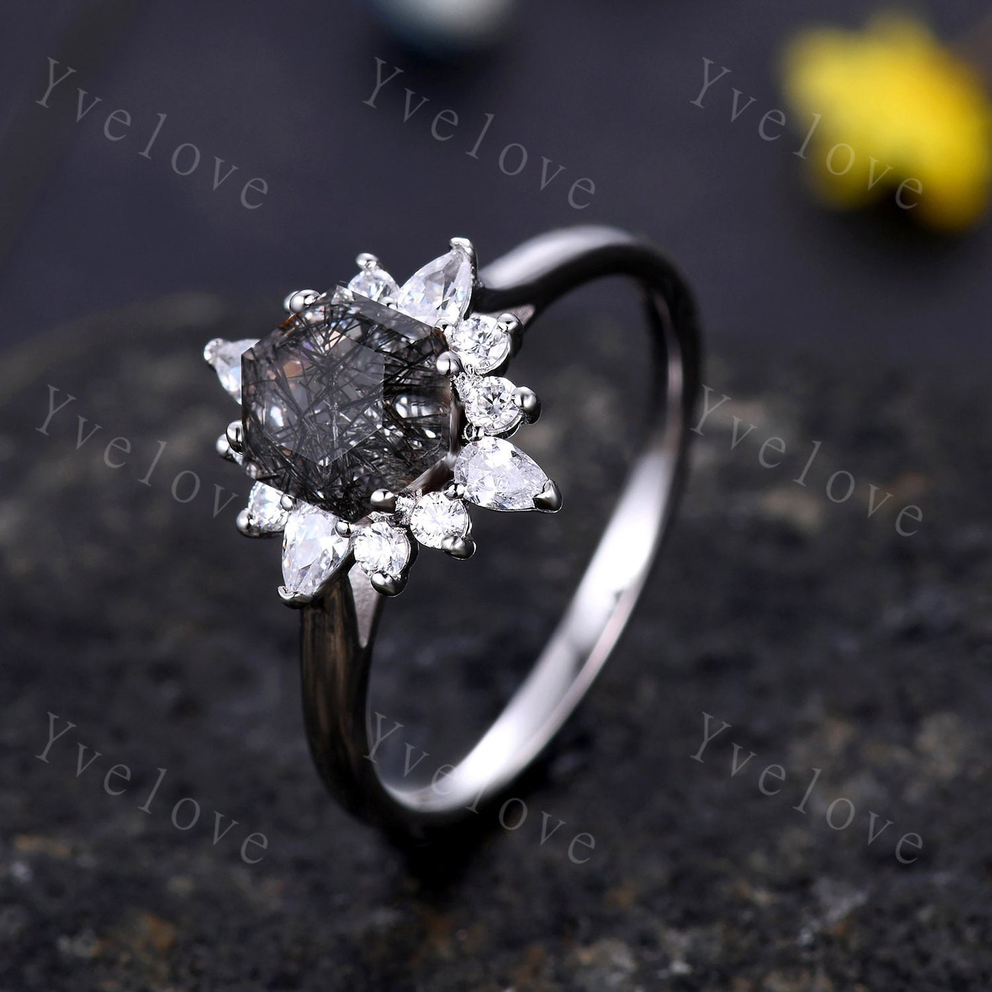 Retro Hexagon Cut Black Rutilated Quartz Engagement Ring,Vingate Moissanite Band,Silver,Women Matching Wedding Ring Set Promise Ring Gift