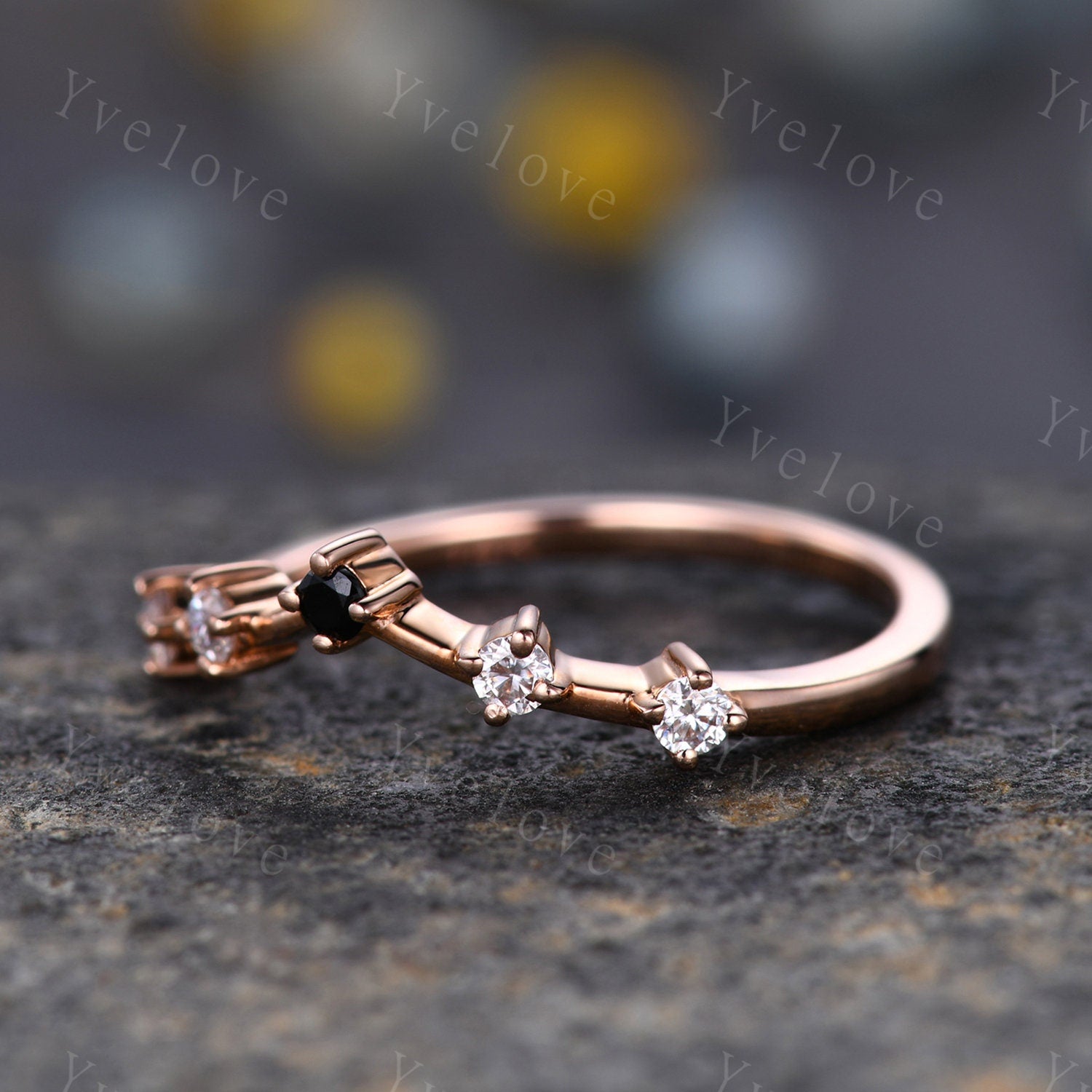 Marquise & Round Cut Black Onyx Diamond Chevron Enhancer Wedding Band Unique Rose Gold Curved Spinel Moissanite Ring Enhancer