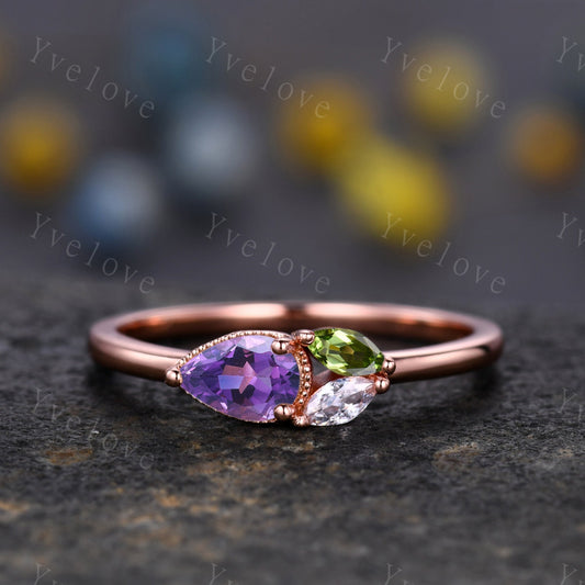 Minimalist Amethyst Engagement Ring,Pear Cut Gem,Art Deco Peridot Moissanite Wedding Band,3 Stone Unique Women Bridal Leaf Cluster Ring Gift