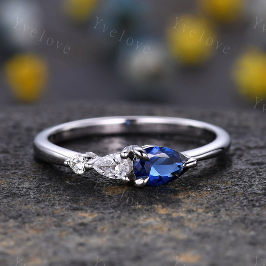 Vintage Sapphire Ring Engagement Ring,Pear Cut Gems,Art Deco Moissanite Wedding Band,3 Stone Unique Women Bridal Promise Ring,14k White gold