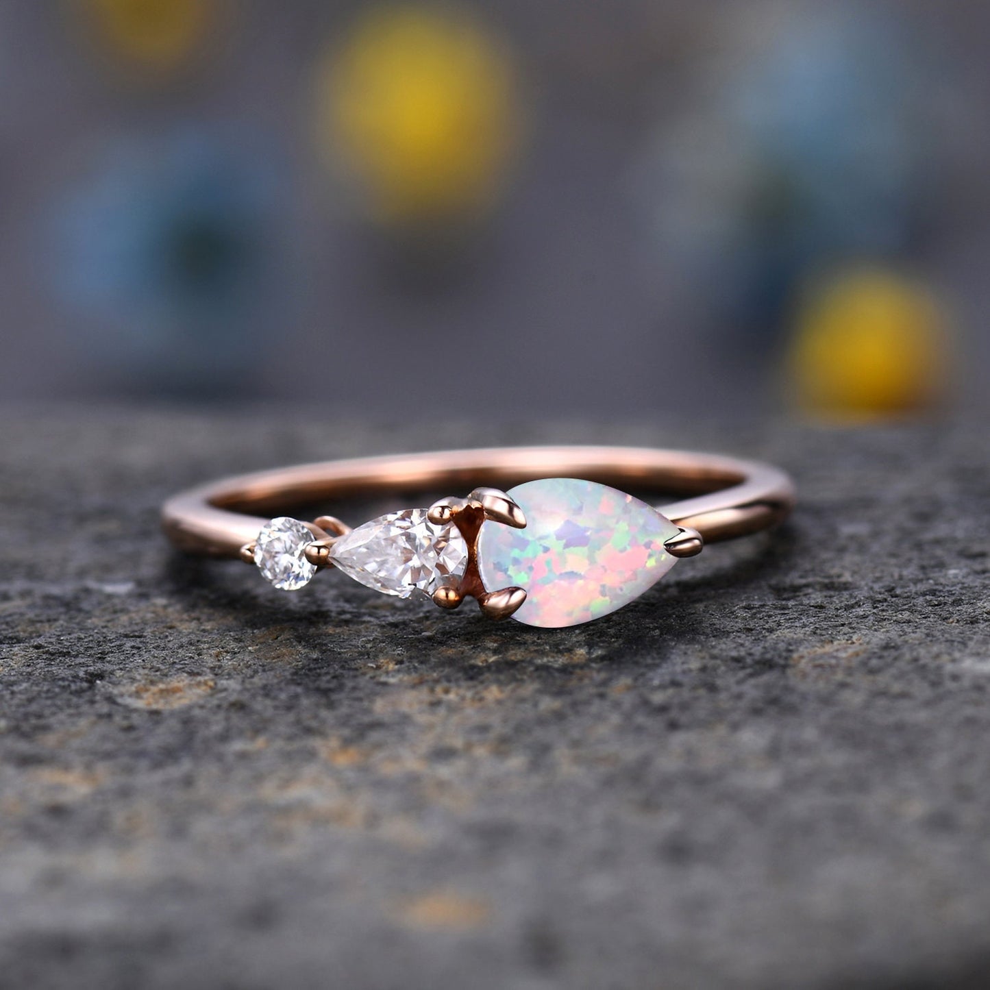 Vintage White Opal Engagement Ring,Pear Cut Gems,Art Deco Moissanite Wedding Band,3 Stone Unique Women Bridal Promise Ring,Rose gold ring