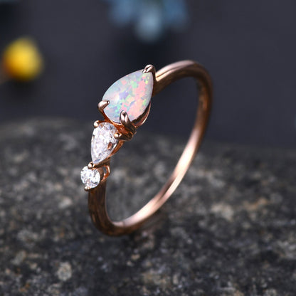 Vintage White Opal Engagement Ring,Pear Cut Gems,Art Deco Moissanite Wedding Band,3 Stone Unique Women Bridal Promise Ring,Rose gold ring