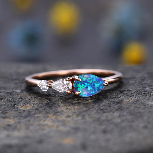Vintage Black Opal Ring Engagement Ring,Pear Cut Gems,Art Deco Moissanite Wedding Band,3 Stone Unique Women Bridal Promise Ring,14kRose gold