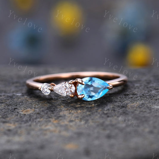 Vintage Swiss Blue Topaz Engagement Ring,Pear Cut Gems,Art Deco Moissanite Wedding Band,3 Stone Unique Women Bridal Promise Ring,Platinum