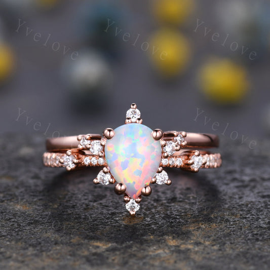 Vintage white opal engagement ring set,Pear shape opal ring,rose gold moissanite ring,art deco open gap band promise unique anniversary ring