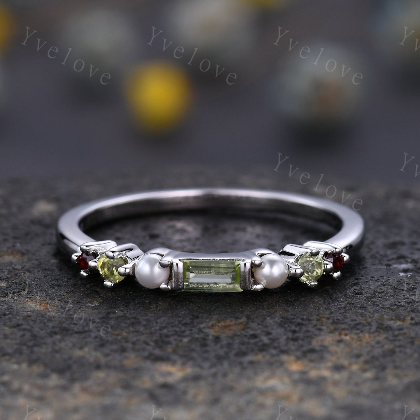 Minimalist Baguette shaped peridot band dainty pearl red garnet wedding band women stackable matching ring 925 silver personalized ring gift