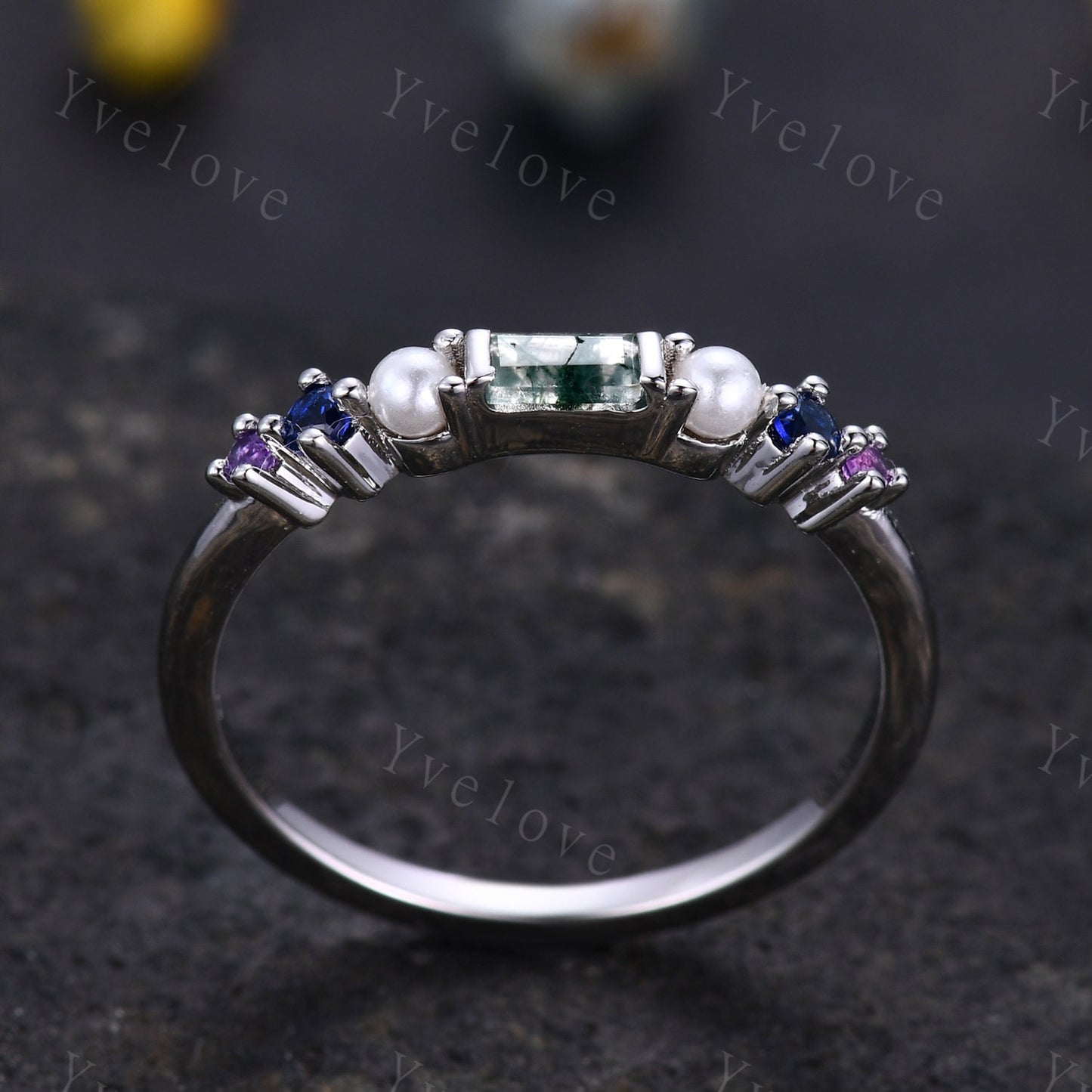 Danity Baguette moss agate ring minimalist ring family gemstone wedding band women stacking matching ring 14kwhite gold ring gift customized