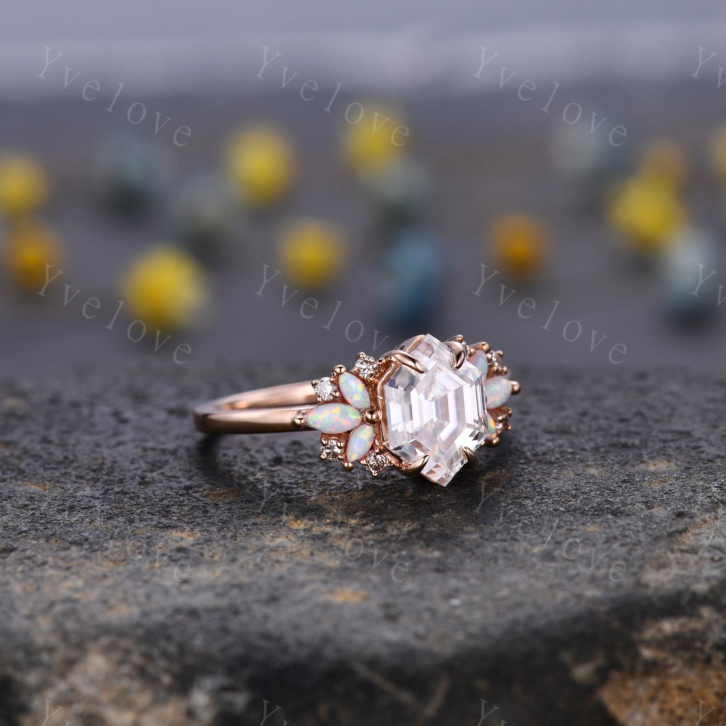 Vintage Hexagon Moissanite Opal engagement ring,Unique Marquise Opal Ring,Cluster Ring,Rose Gold,Women Bridal Wedding Band,Statement Ring