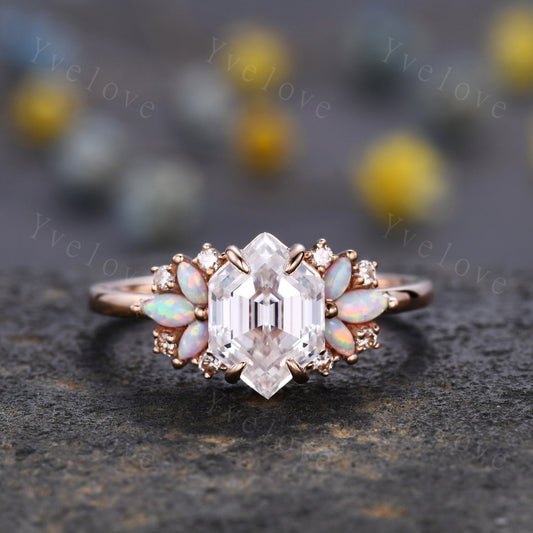 Vintage Hexagon Moissanite Opal engagement ring,Unique Marquise Opal Ring,Cluster Ring,Rose Gold,Women Bridal Wedding Band,Statement Ring