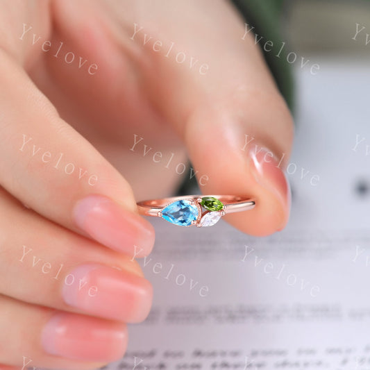 Minimalist Swiss Blue Topsz Engagement Ring,Pear Topaz Gem,Art Deco Peridot Moissanite Wedding Band,3 Stone Unique Women Bridal Cluster Ring