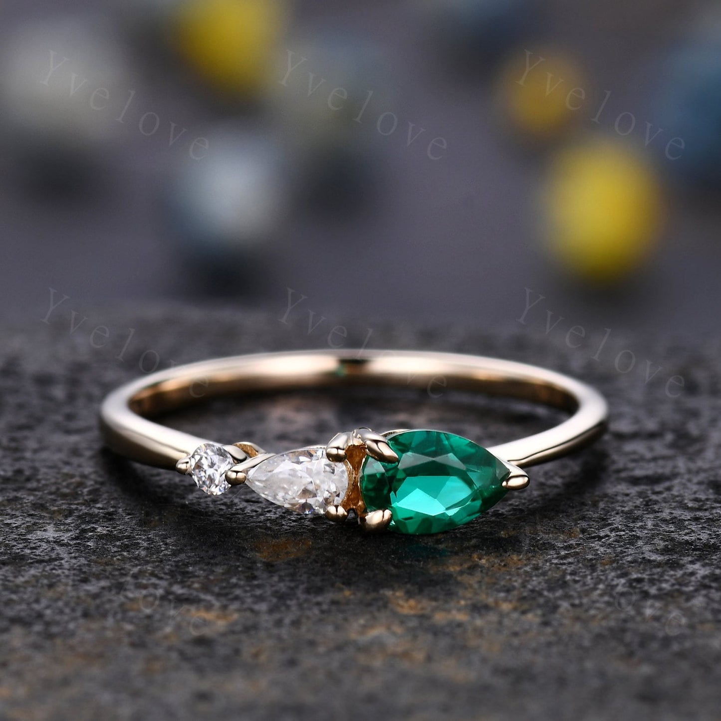 Vintage Emerald Ring Engagement Ring,Pear Cut Gems,Art Deco Moissanite Wedding Band,3 Stone Unique Women Bridal Promise Ring Gift,Rose gold