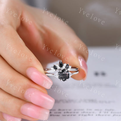 Hexagon Cut Black Rutilated Quartz Engagement Ring,Vingate Bridal Ring Set,Three Stone Engagement Ring,Anniversary Birthday Gift 925 Silver