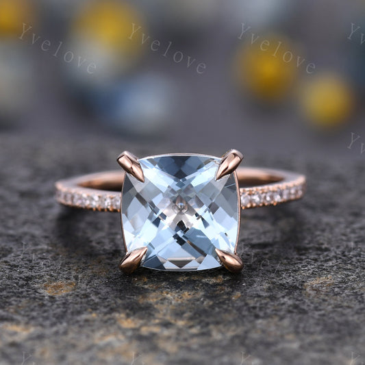 Aquamarine engagement ring rose gold diamond wedding band half eternity band 8mm cushion cut stone solitaire ring March gem handmade jewelry