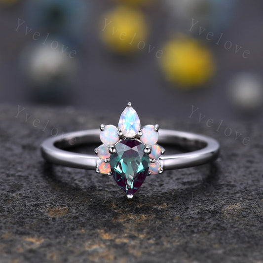 Vintage Pear Alexandrite Opal Engagement Ring,White Gold Ring,Art Deco Moonstone Wedding Ring,Unique Anniversary Ring Gift,Personalized Gems