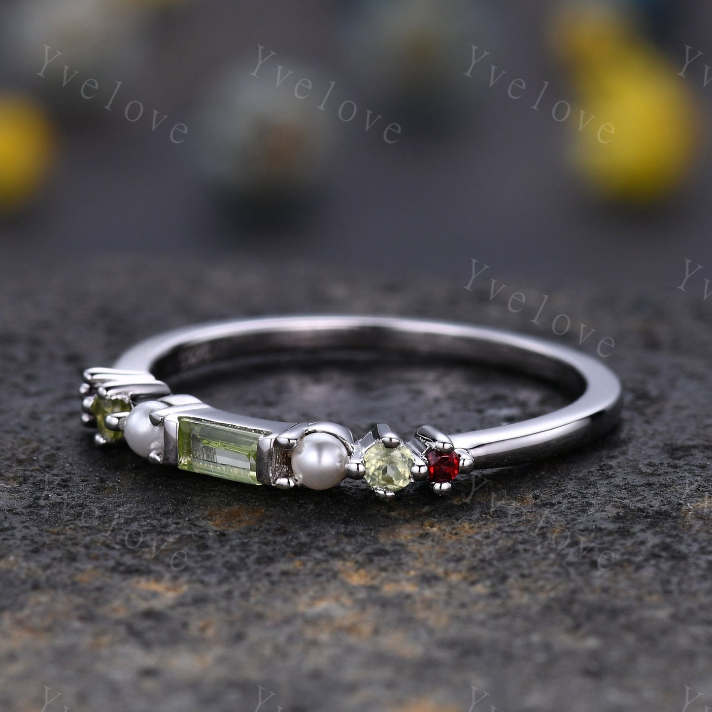 Minimalist Baguette shaped peridot band dainty pearl red garnet wedding band women stackable matching ring 925 silver personalized ring gift